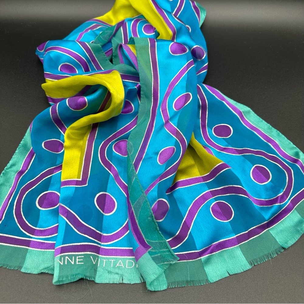 Adrienne Vittadini Silk Scarf – Teal, Purple & Chartreuse Abstract, 54" x 11",